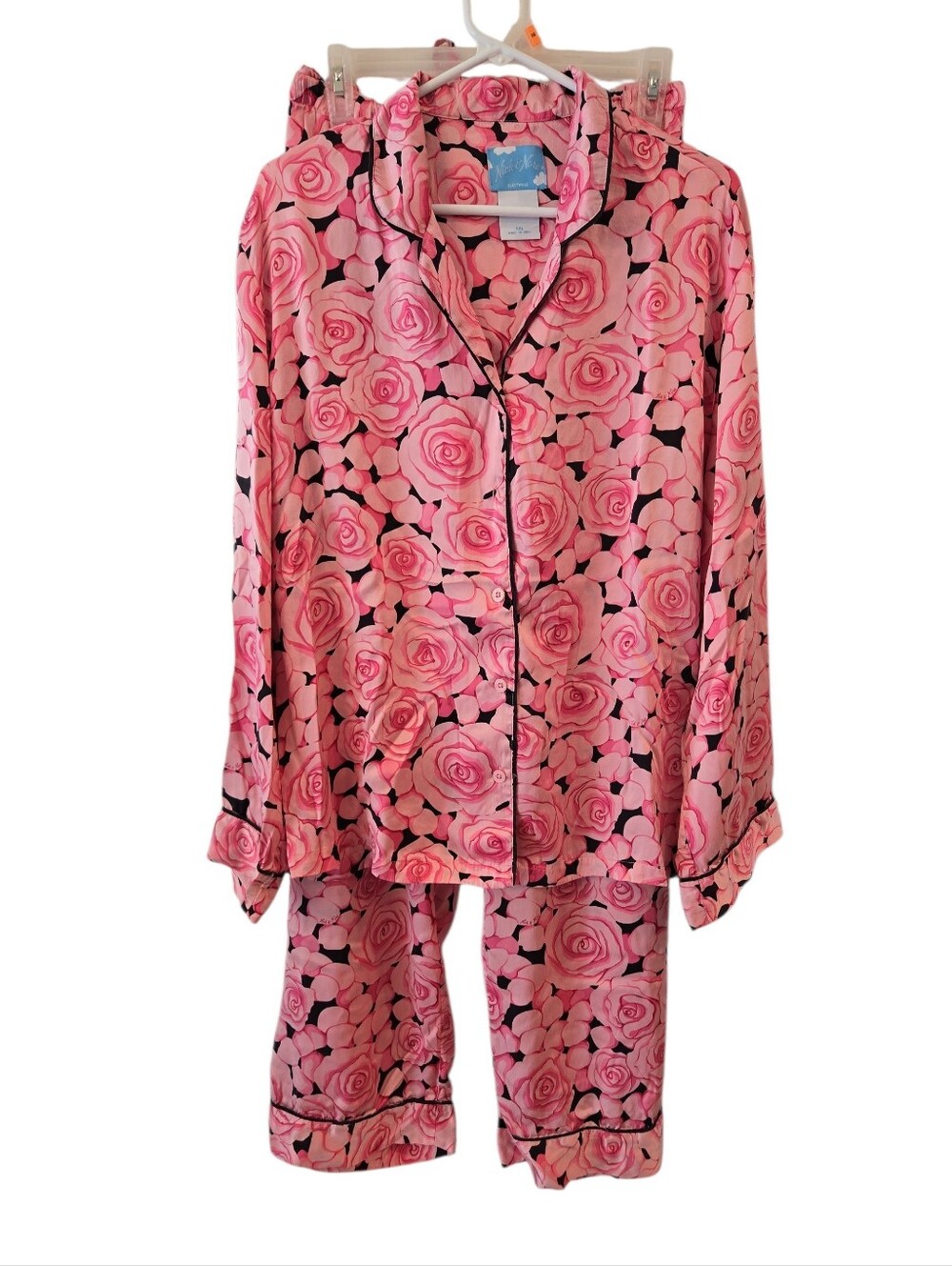 VTG NICK & NORA " BED OF ROSES 100% SILK PAJAMA SET. SZ XXL  PINK/ BLACK.  Y2K.